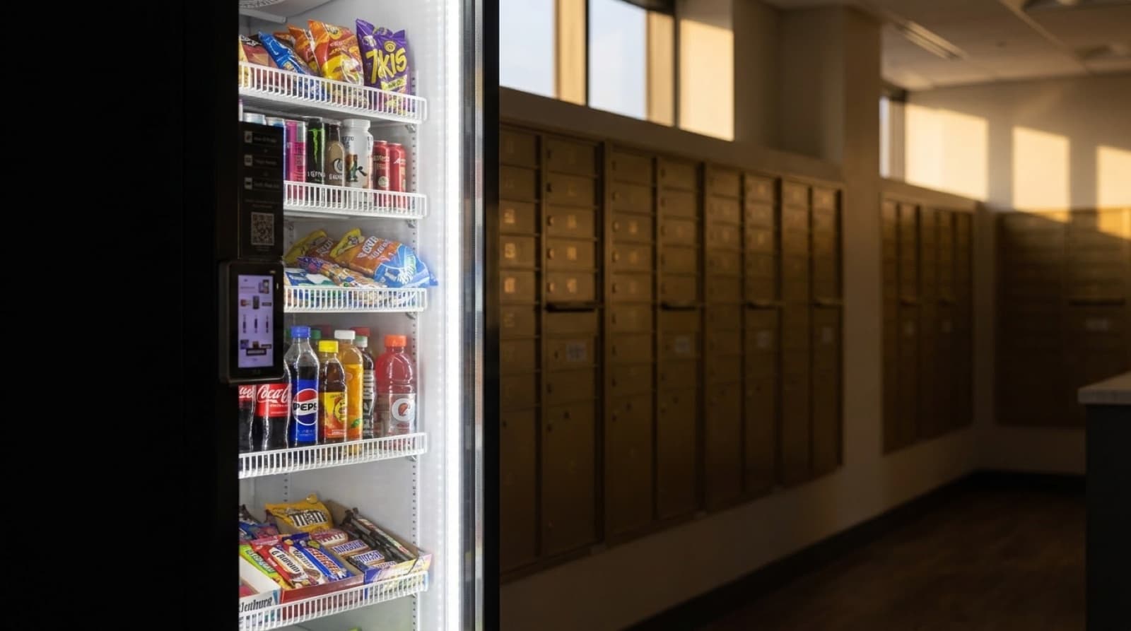 TempusSnacks cooler in an apartment mail and parcel room