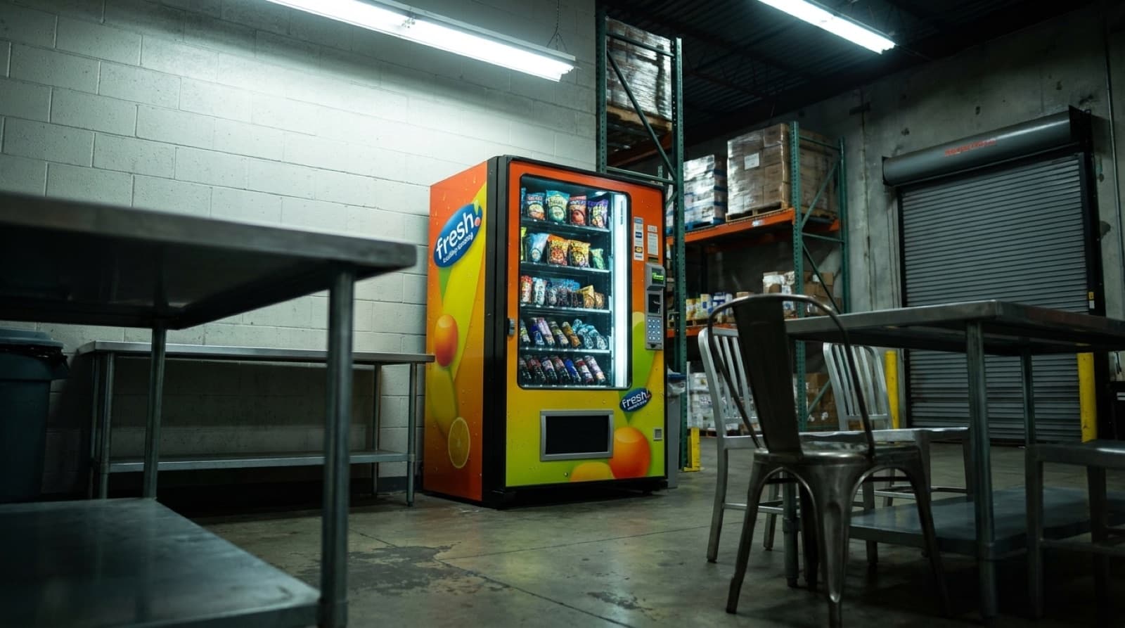 TempusSnacks snack machine in a warehouse break area