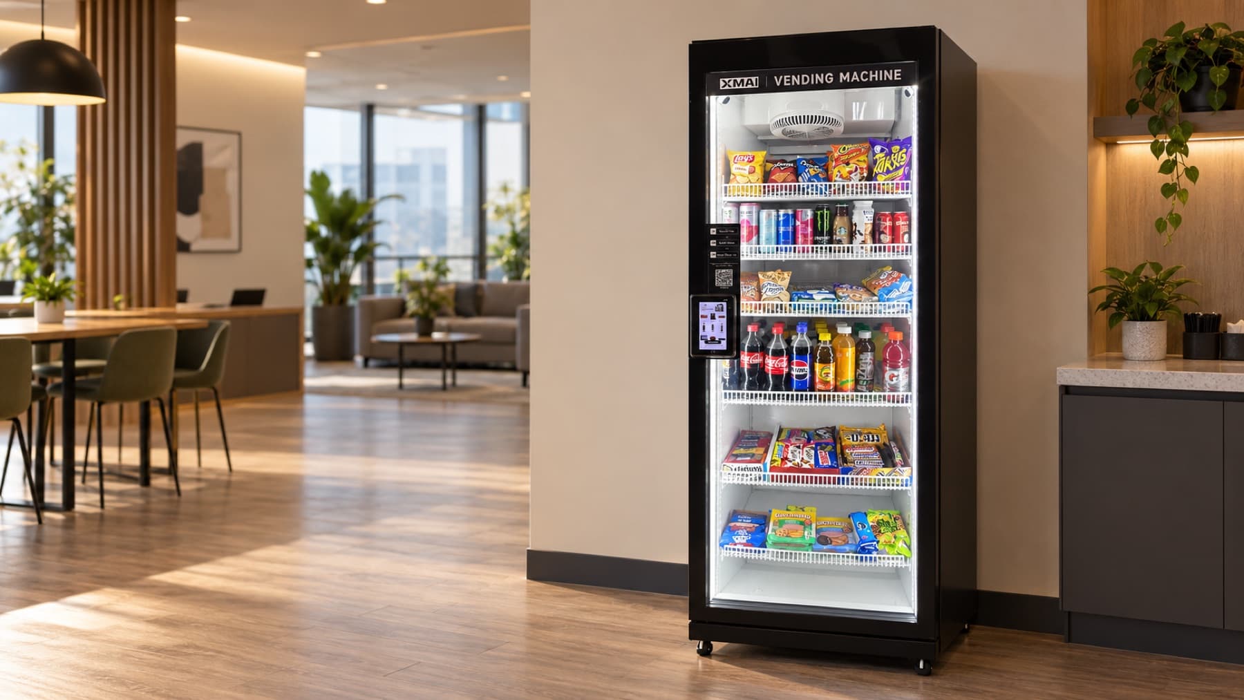 TempusSnacks smart cooler standing in an office breakroom