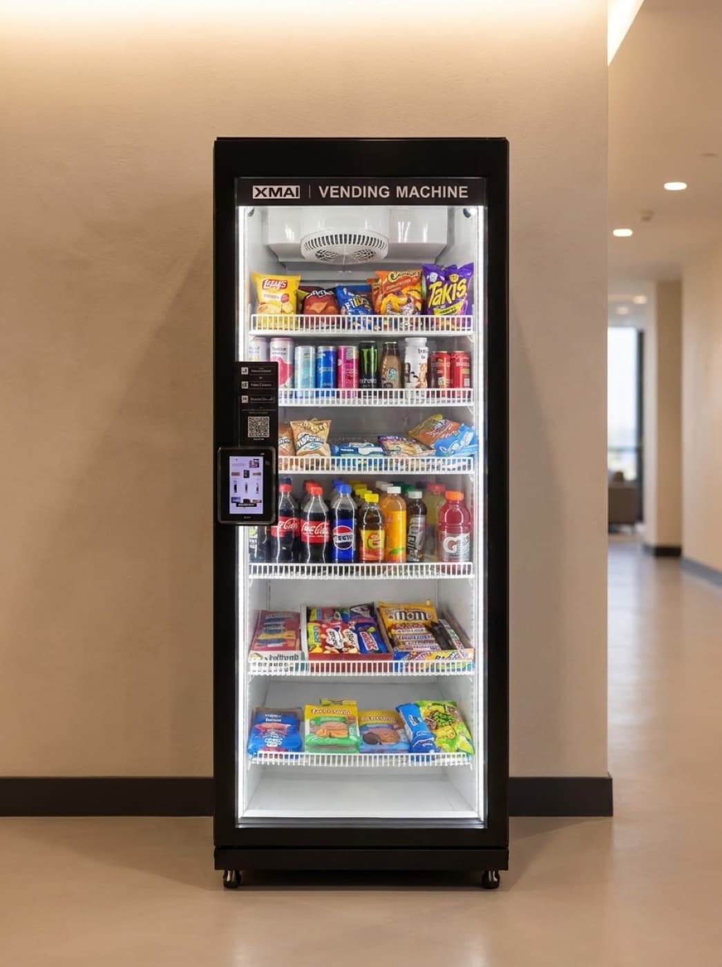 TempusSnacks smart cooler standing in an office corridor